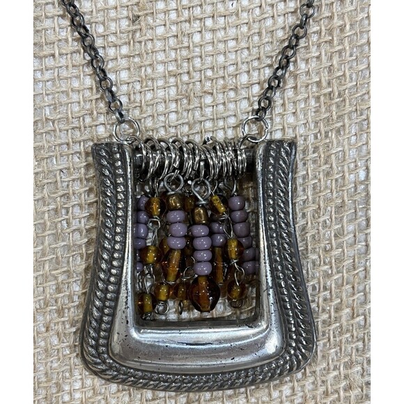 Vintage Artisan Crafted Silver Tone Belt Buckle Link Chain Pendant Necklace - Picture 4 of 7